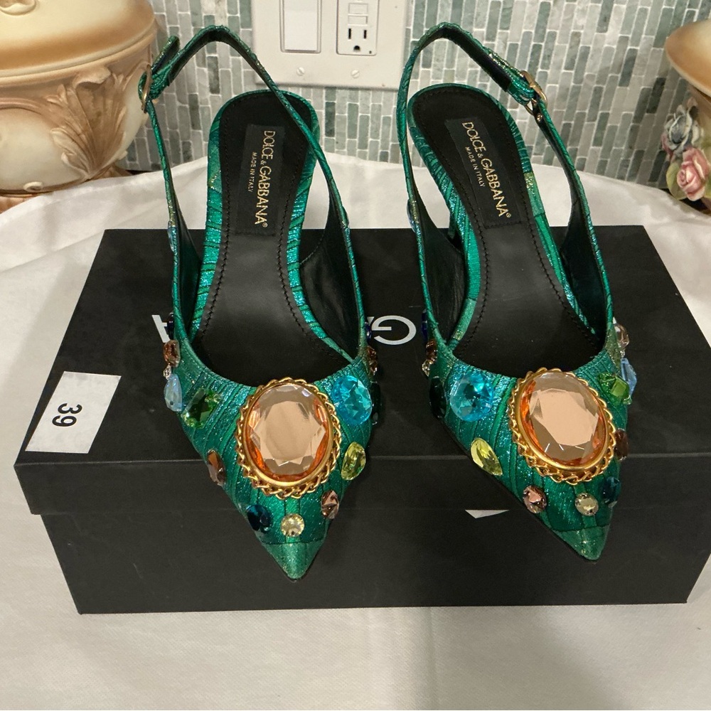 Dolce & Gabbana Emerald Green Jeweled Slingback Heels